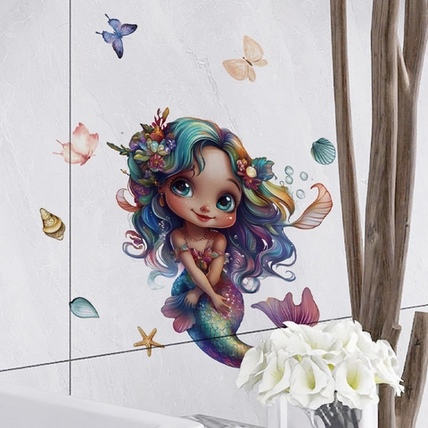 Adesivo da Parete Bagno Sirena Cartone Animato Impermeabile PVC Decalcomania Sedile WC Decorazione Vasca da Bagno Casa