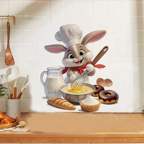 Cartoon Rabbit Chef Kitchen Wall Stickers PVC Waterproof 3D Effect Baking Theme Removable Art Decals For Dining Room Decor