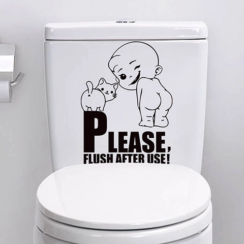 Lustiger Cartoon Baby Und Katze Toilettensitz Aufkleber Wasserdicht PVC Abnehmbar Badezimmer Wandtattoo Bitte Nach Gebrauch Spülen