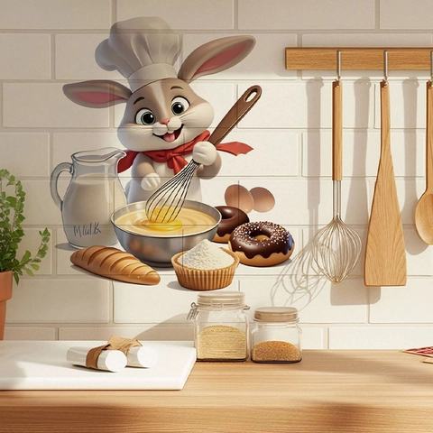 Cartoon Rabbit Chef Kitchen Wall Stickers PVC Waterproof 3D Effect Baking Theme Removable Art Decals For Dining Room Decor