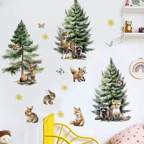 Watercolor Forest Animals Pine Trees Wall Stickers For Kids Bedroom Nursery Decor PVC Removable DIY Cartoon Animal Decals