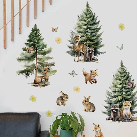 Watercolor Forest Animals Pine Trees Wall Stickers For Kids Bedroom Nursery Decor PVC Removable DIY Cartoon Animal Decals