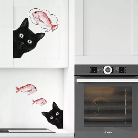 Glurende Zwarte Kat En Vis Muursticker PVC Waterdichte Koelkaststicker Voor Keuken Koelkastdeur Cartoon Woondecoratie
