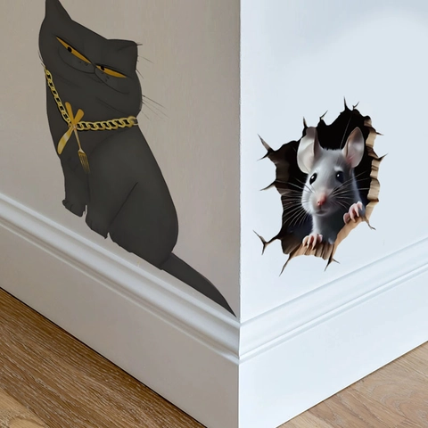 3D Effect Black Cat Gold Chain And Mouse Hole Wall Sticker Creative PVC Removable Decal For Living Room Home Wall Decor