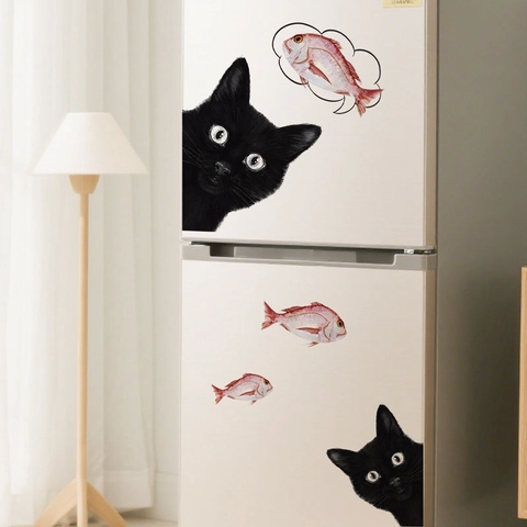 Glurende Zwarte Kat En Vis Muursticker PVC Waterdichte Koelkaststicker Voor Keuken Koelkastdeur Cartoon Woondecoratie