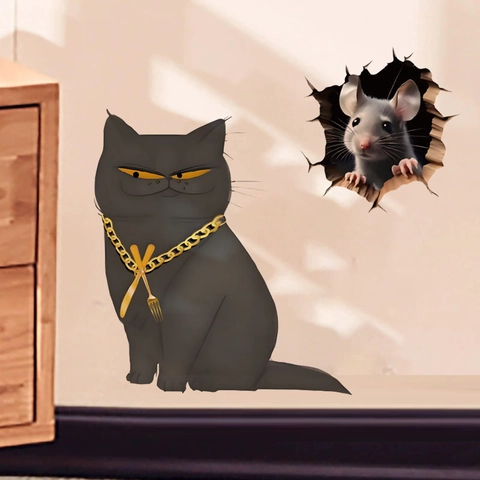 3D Effect Black Cat Gold Chain And Mouse Hole Wall Sticker Creative PVC Removable Decal For Living Room Home Wall Decor