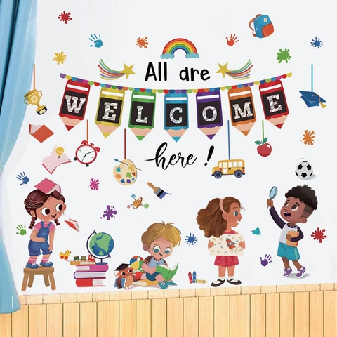Back To School Welcome Wall Stickers Cartoon Kids Rainbow School Bus PVC Educational Decals For Classroom Decoration