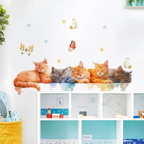 Vinilo Decorativo de Gato Animal Acuarela Para Dormitorio Infantil Sala de Estar Decoración del Hogar Mural Autoadhesivo