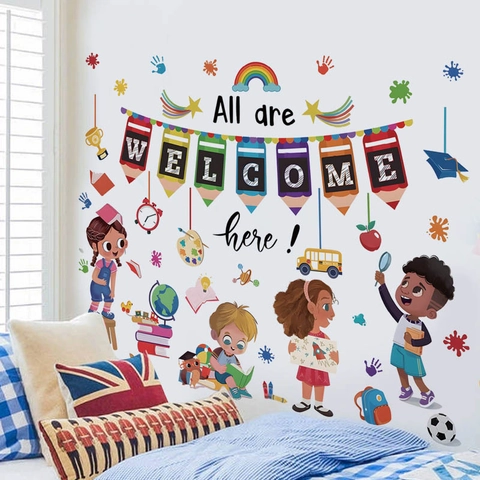 Back To School Welcome Wall Stickers Cartoon Kids Rainbow School Bus PVC Educational Decals For Classroom Decoration