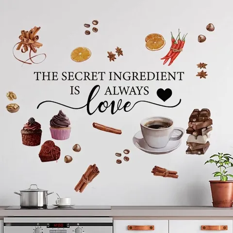 Secret Ingredient Is Love Coffee Kitchen Wall Sticker PVC Self Adhesive Food Cupcake Decal For Restaurant Cafe Home Decor