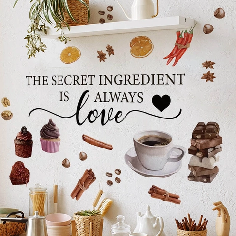 Secret Ingredient Is Love Coffee Kitchen Wall Sticker PVC Self Adhesive Food Cupcake Decal For Restaurant Cafe Home Decor