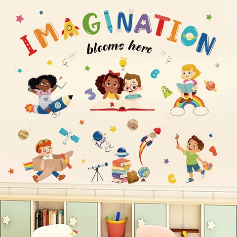 Stickers Muraux Imagination Blooms Here pour Chambre d'Enfant PVC Dessin Animé Astronaute Espace Fusée Arc-en-Ciel Décor Classe