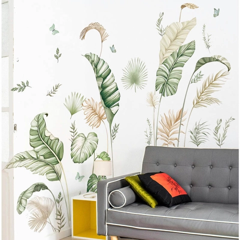 Tropical Banana Leaf Wall Decals Removable PVC Monstera Palm Leaves Butterfly Wall Stickers For Living Room Bedroom Home Decor