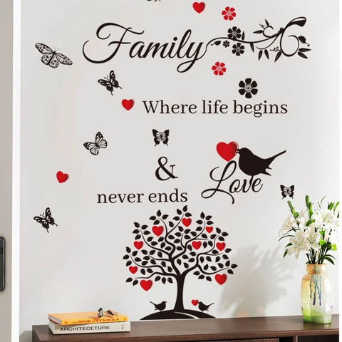 Family Tree Quote Wall Stickers Heart Butterfly Removable PVC Wall Decal For Living Room Bedroom Home Decor Art ZB996