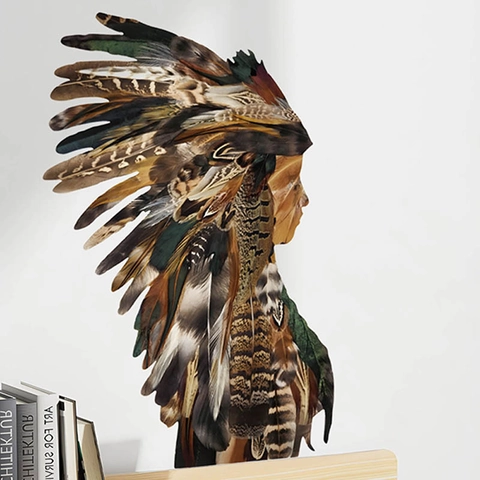 Indian Girl Silhouette Wall Sticker PVC Feather Headdress Decal For Bedroom Living Room Home Decor Boho Ethnic Art Mural
