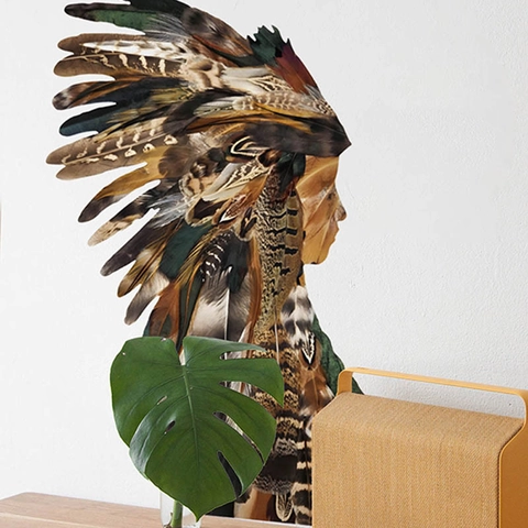 Indian Girl Silhouette Wall Sticker PVC Feather Headdress Decal For Bedroom Living Room Home Decor Boho Ethnic Art Mural