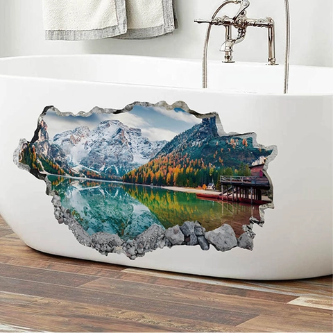 3D-Bruchwandeffekt Schneevergletscherte Berge See Naturlandschaft Wandtattoo Wasserdicht PVC Dekor Für Wohnzimmer Badezimmer