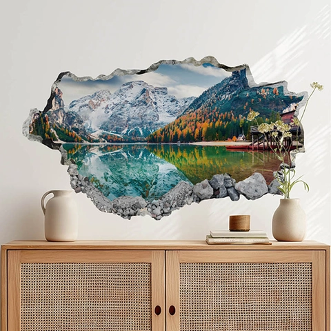 3D-Bruchwandeffekt Schneevergletscherte Berge See Naturlandschaft Wandtattoo Wasserdicht PVC Dekor Für Wohnzimmer Badezimmer