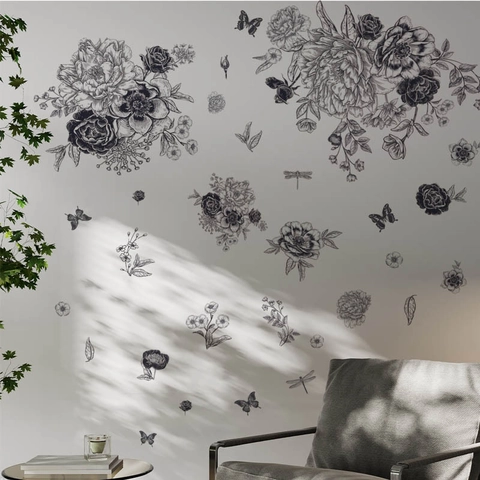 Sketch Flower Butterfly Wall Decals PVC Removable Waterproof DIY Artistic Floral Line Art Sticker For Living Room Bedroom