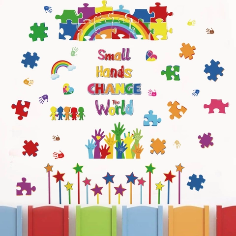 Petites Mains Changent Le Monde Sticker Mural Puzzle Coloré Arc-en-Ciel Empreinte de Main pour Chambre d'Enfant École Décoration