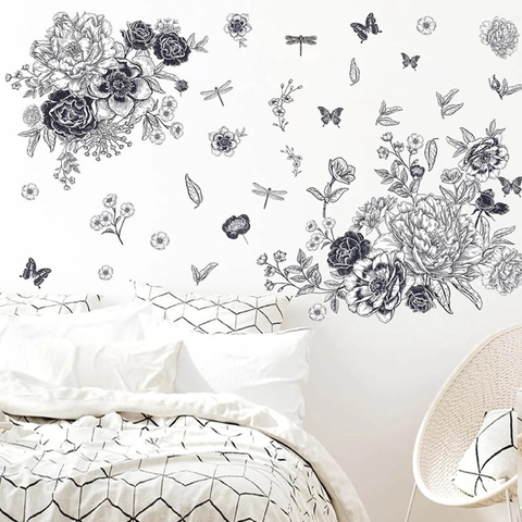 Sketch Flower Butterfly Wall Decals PVC Removable Waterproof DIY Artistic Floral Line Art Sticker For Living Room Bedroom