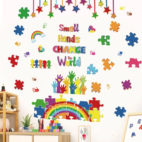 Petites Mains Changent Le Monde Sticker Mural Puzzle Coloré Arc-en-Ciel Empreinte de Main pour Chambre d'Enfant École Décoration