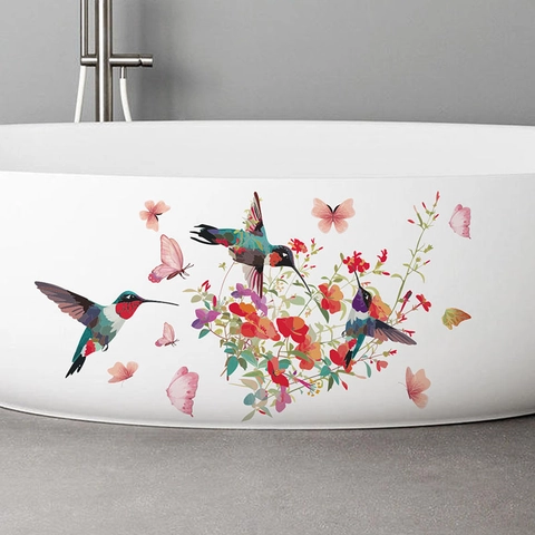Adhesivo de PVC Impermeable para Inodoro Con Colibrí Flores Mariposa Calcomanía de Pared Floral Removible para Bañera Decoración
