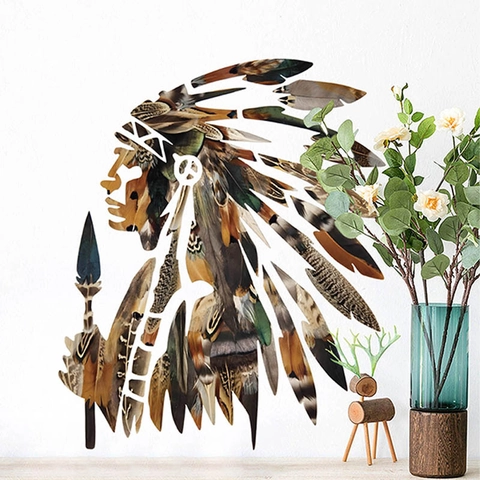 Native American Chief Silhouette Wall Sticker PVC Waterproof Ethnic Feather Mural For Living Room Bedroom Home Decor