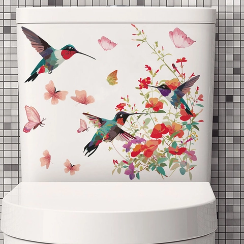 Adhesivo de PVC Impermeable para Inodoro Con Colibrí Flores Mariposa Calcomanía de Pared Floral Removible para Bañera Decoración