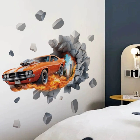 3D Visuell Broken Wall Muscle Car Aufkleber Orange Rennwagen Flamme Wandtattoo Für Kinderzimmer Jungen Schlafzimmer Home Decor