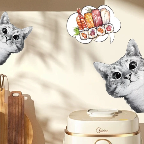 Pegatina de Pared Creativa Gato Sushi Pensamiento PVC Impermeable Calcomanía Extraíble Para Refrigerador Cocina Cuarto de Niños