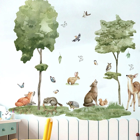 Aquarell Waldtiere Baum Wandtattoo Abnehmbare PVC Aufkleber Für Kinderzimmer Kindergarten Schlafzimmer Home Dekor Wandbilder