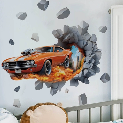 3D Visuell Broken Wall Muscle Car Aufkleber Orange Rennwagen Flamme Wandtattoo Für Kinderzimmer Jungen Schlafzimmer Home Decor