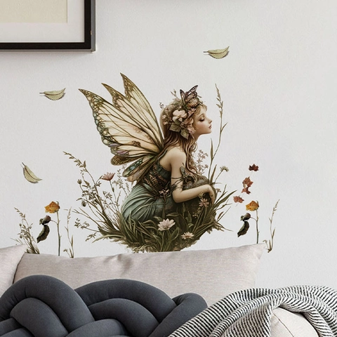 Künstlerische Blumenfee Schmetterling Wandaufkleber PVC Selbstklebend Wasserdicht Wandtattoo Für Schlafzimmer Wohnzimmer Hintergrund Deko