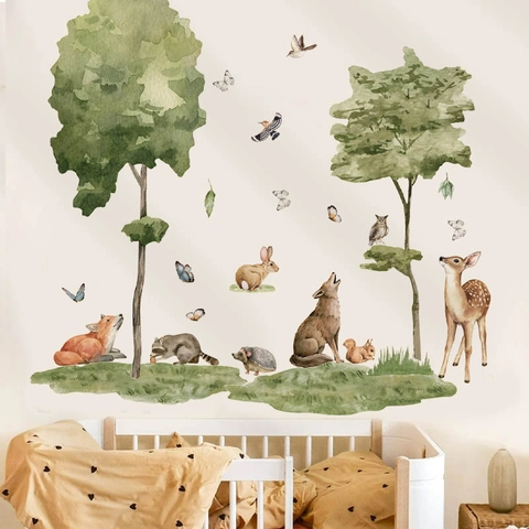 Aquarell Waldtiere Baum Wandtattoo Abnehmbare PVC Aufkleber Für Kinderzimmer Kindergarten Schlafzimmer Home Dekor Wandbilder