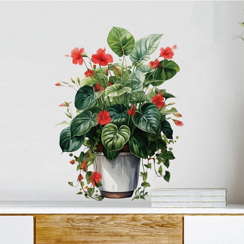 Pegatina de Pared de Planta en Maceta Verde Flor PVC Impermeable Hibisco Floral 3D Realista Mural Removible Para Sala Dormitorio