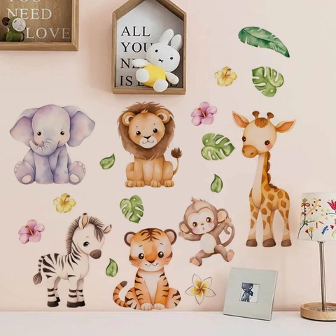 Watercolor Cartoon Animal Zoo Wall Sticker PVC Removable Elephant Lion Zebra Giraffe Wall Decal For Kids Room Nursery Decor