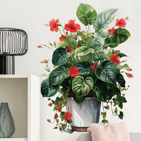 Pegatina de Pared de Planta en Maceta Verde Flor PVC Impermeable Hibisco Floral 3D Realista Mural Removible Para Sala Dormitorio