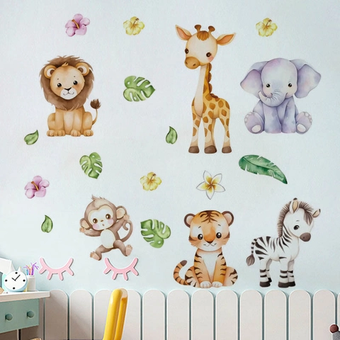 Watercolor Cartoon Animal Zoo Wall Sticker PVC Removable Elephant Lion Zebra Giraffe Wall Decal For Kids Room Nursery Decor
