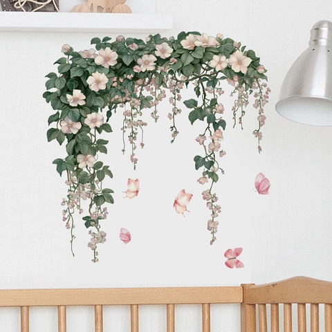 Adesivo Da Parete Ramo Di Fiori Rosa Farfalla PVC Impermeabile Decalcomania Cartone Animato Per Cameretta Bambini Decorazione