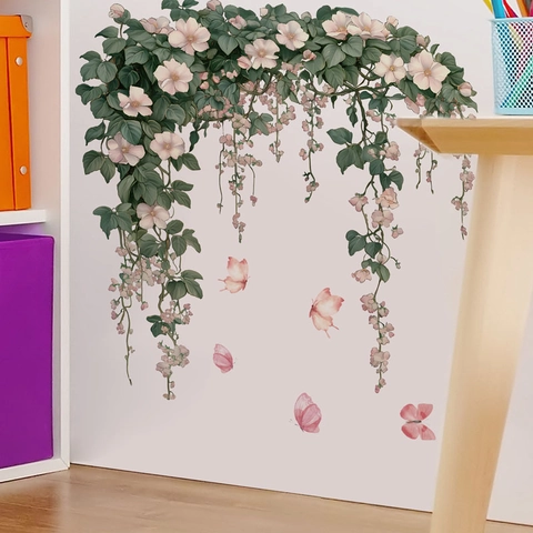 Adesivo Da Parete Ramo Di Fiori Rosa Farfalla PVC Impermeabile Decalcomania Cartone Animato Per Cameretta Bambini Decorazione
