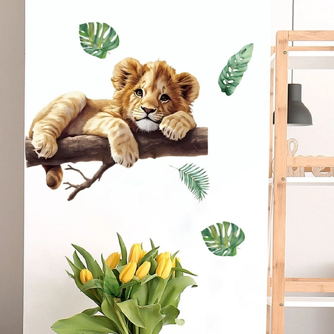 Cartoon Lion On Tree Branch Wall Sticker Removable Self Adhesive PVC Decal For Kids Room Nursery Kindergarten Wall Decor
