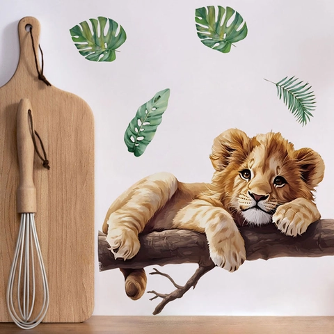 Cartoon Lion On Tree Branch Wall Sticker Removable Self Adhesive PVC Decal For Kids Room Nursery Kindergarten Wall Decor