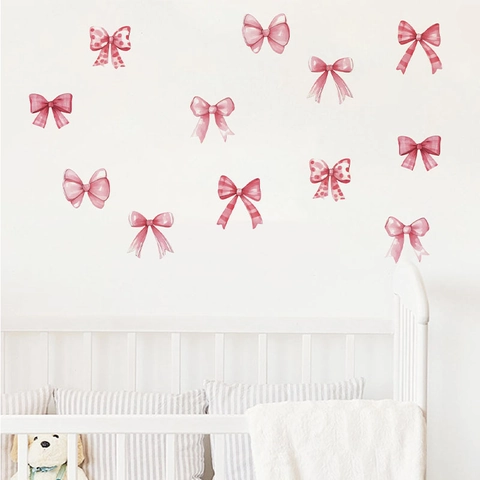 Pink Watercolor Bow Wall Stickers Polka Dot Plaid Bows For Kids Nursery Bedroom Waterproof Decorative PVC Wall Decal