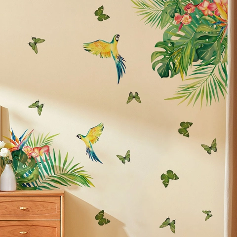 Tropischer Papagei Und Monstera Blätter Wandaufkleber Abnehmbare PVC Wasserdichte Hauskunst Deko Für Kinderzimmer Schlafzimmer