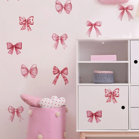 Pink Watercolor Bow Wall Stickers Polka Dot Plaid Bows For Kids Nursery Bedroom Waterproof Decorative PVC Wall Decal