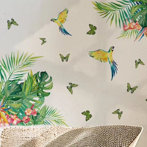 Tropischer Papagei Und Monstera Blätter Wandaufkleber Abnehmbare PVC Wasserdichte Hauskunst Deko Für Kinderzimmer Schlafzimmer