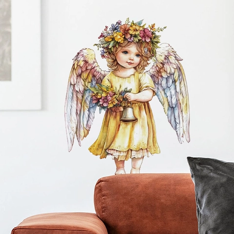 Cute Angel Girl With Flower Wreath Wall Sticker Watercolor PVC Self Adhesive Decal For Kids Bedroom Living Room Home Decor