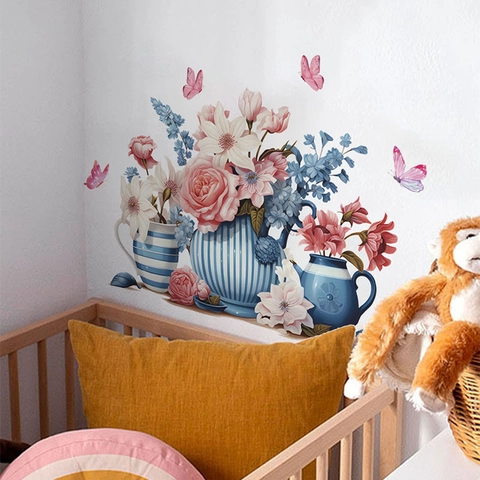 Floral Vase Wall Sticker Pink Rose Blue Flower Butterfly Removable PVC Self-Adhesive Wall Decal For Bedroom Living Room Home Decor