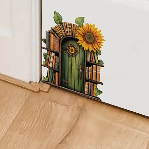 Creatieve 3D Groene Sprookjesdeur Wandsticker Zonnebloem Boekenplank Bedrukt PVC Zelfklevend Waterdicht Decals Voor Woonkamer Keuken Home Decor